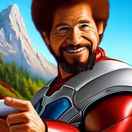 Prompt: a closeup photorealistic photograph of bob ross working a canvas painting of iron man. mountain scape. film still, vibrant colors. this 4 k hd image is trending on artstation, featured on behance, well - rendered, extra crisp, features intricate detail, epic composition and the style of unreal engine.