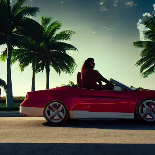 Prompt: jesus christ joyriding in miami in a convertable, dslr, award winning, 8 k, octane beautifully detailed render, warm mood, 1 0 mm, cinematic lighting, detailed photo, masterpiece, volumetric lighting, ultra realistic, highly detailed, high quality, lossless, photorealistic, sharp focus, hd