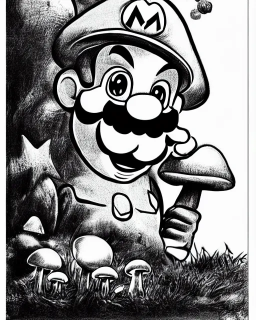 Image similar to mario with mushrooms, hyper realism, fine details, deviantart artstation, extremely detailed, black and white, very sharp, in the style of albrecht durer