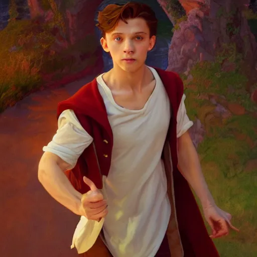 Image similar to skinny young tom holland as bell from beauty and the beast, dynamic lighting, path traced, atmospheric, highly detailed, high quality, beautiful painting, octane render, don bluth, ross tran, studio ghibli, alphonse mucha, jama jurabaev, extremely detailed, brush strokes, artstation, artgerm