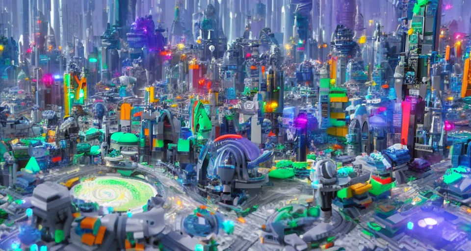 Prompt: sci - fi futuristic city made of lego bricks, pixar, disney 3 d, 8 k, octane render, still from lego movie