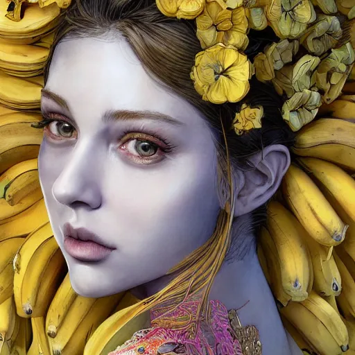 Prompt: the portrait of an absurdly beautiful, graceful, elegant young woman made of bananas and petals, an ultrafine detailed illustration by kim jung gi, irakli nadar, intricate linework, bright colors, octopath traveler, final fantasy, angular, unreal engine 5 highly rendered, global illumination, radiant light, detailed and intricate environment