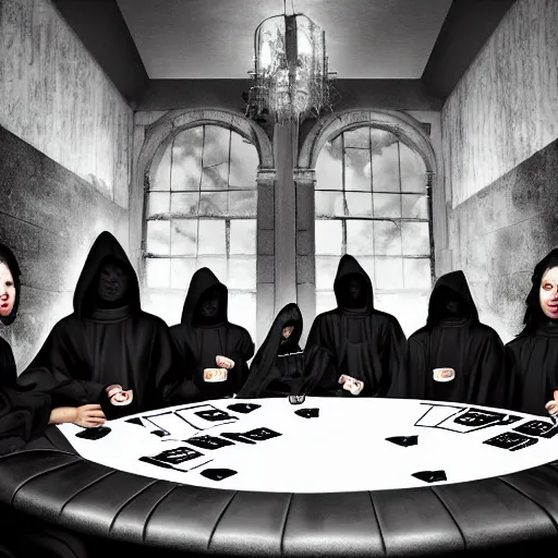 Image similar to A group of people covered in black and white robes with hoods playing poker at a poker table in the middle of an abandoned building, big room, with vines and plants growing out of cracks, broken walls and ceiling with natural light shining through, the light shows dust in the air, digital art, award winning art, 8k