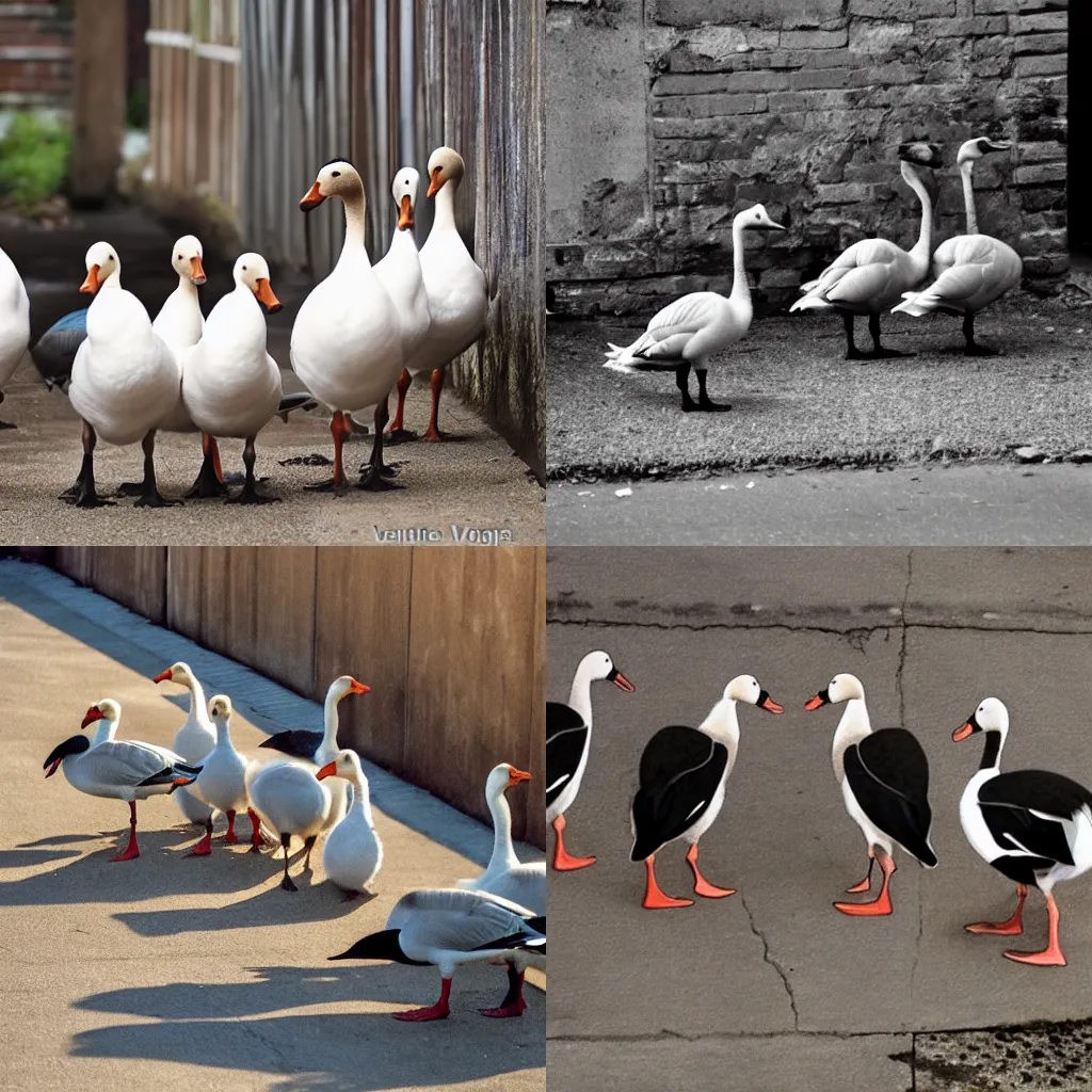 Prompt: a gaggle of geese conspiring in secret, meeting in an alleyway