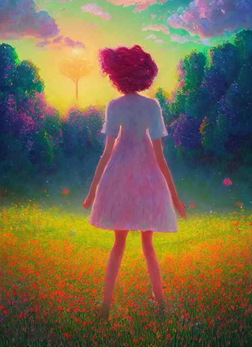 Prompt: girl with giant flower hair and flower dress, standing in a flower field hills, big trees, sunrise dramatic light, impressionist painting, colorful clouds, digital painting, pointillism, artstation, simon stalenhag