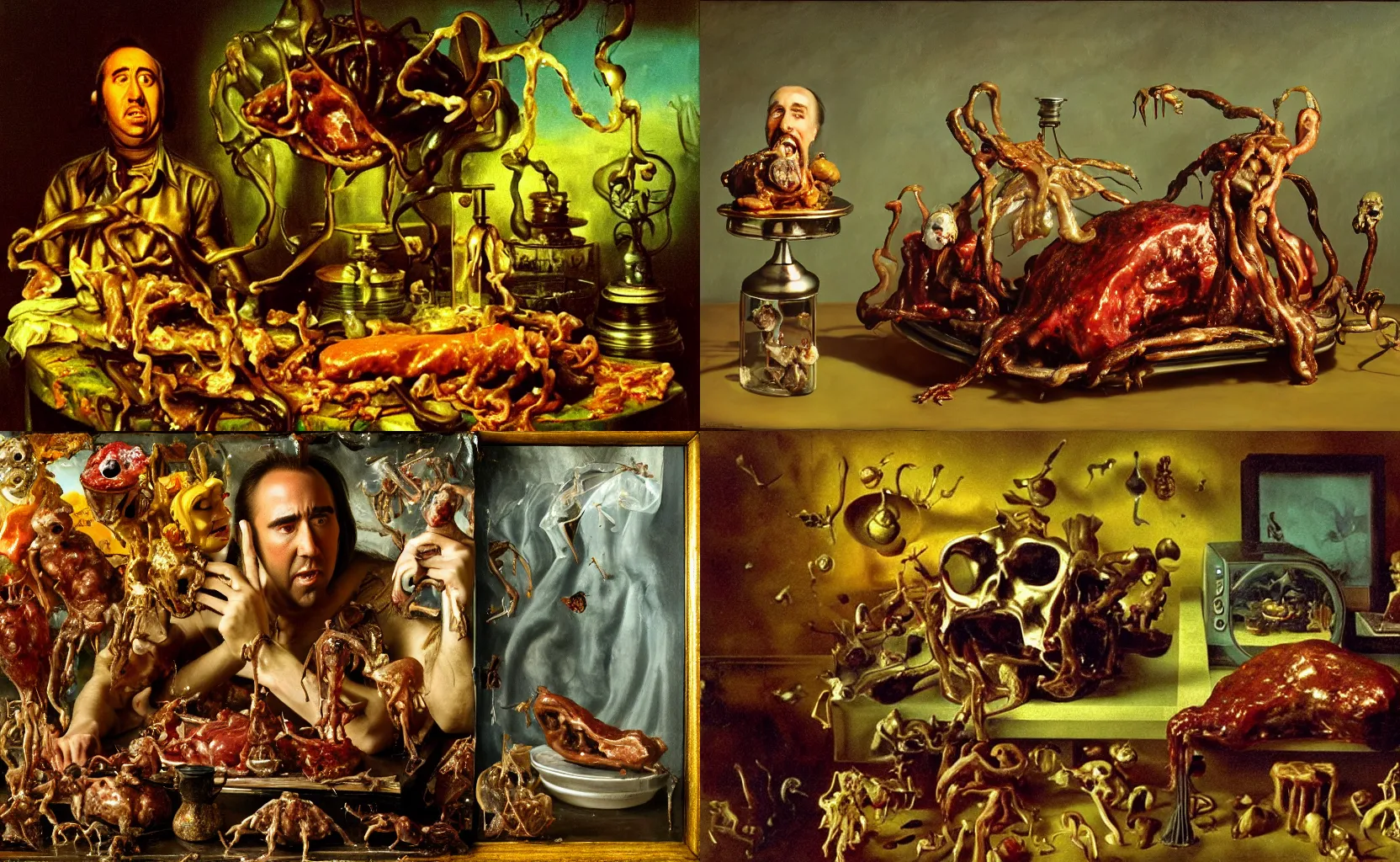 Prompt: nicolas cage full body, disturbing colorful oil painting dutch golden age vanitas still life sparse composition with bizarre objects strange gooey transparent surfaces shiny metal reflections bizarre mutant meat insects rachel ruysch dali todd schorr very detailed perfect composition rule of thirds masterpiece canon 5 0 mm, cinematic lighting, photography, retro, film, kodachrome