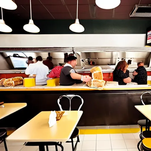 Image similar to busy wafflehouse interior with customers eating breakfast and wafflehouse employees serving food and cooking behind countertop