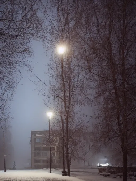 Image similar to beautiful film still of a residential block building in russian suburbs, low, lights are on in the windows, dark night, post - soviet courtyard, cozy and peaceful atmosphere, fog, cold winter, snowing, streetlamps with orange volumetric light, several birches nearby, elderly man stand at the entrance to the building