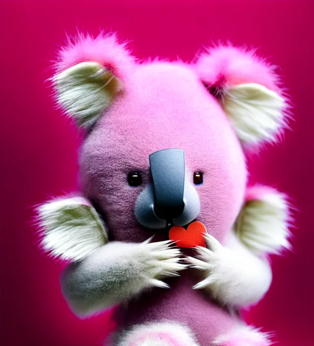 Prompt: high quality 3 d render hyperrealistic very cute small pink koala holding red heart, fog, steam, smoke, plush mascot, short spiky dense fluffy smooth hair, photo from the side, pink fluffy fur, 1 5 0 mm, beautiful natural soft light, rim light, smooth background, artstation, ultra detailed, elegant, ultra detailed, metallic armor, octane render