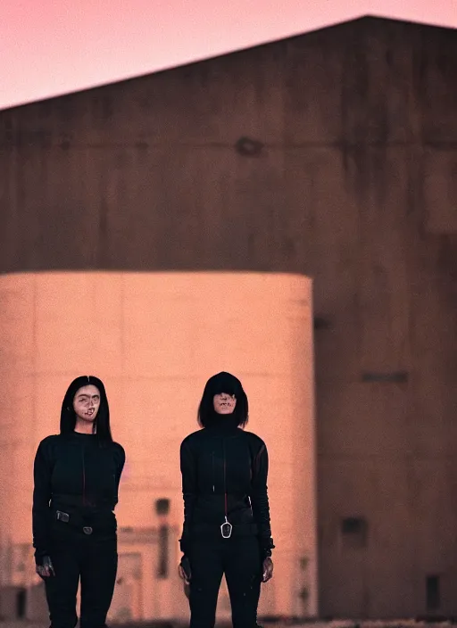 Prompt: cinestill 5 0 d photographic portrait of two loving female androids wearing rugged black techwear on a desolate plain with a red sky, extreme closeup, lizard on ground, cyberpunk style, in front of a brutalist dark metal facility, dust storm, 8 k, hd, high resolution, 3 5 mm, f / 3 2, realistic faces