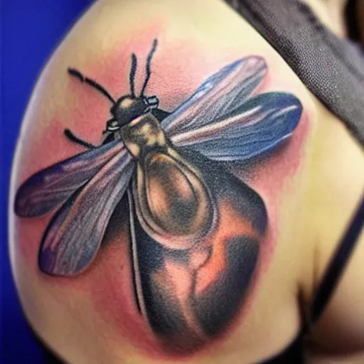 Image similar to a hyperrealistic insect tattoo, hyperrealistic, 3d, highly detailed