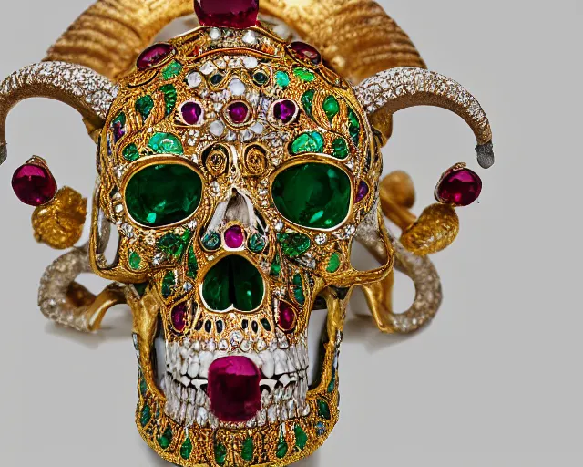 Prompt: ram's skull ornately decorated with gold and gems, green background, studio photography, rubies, emeralds, gold, jewels