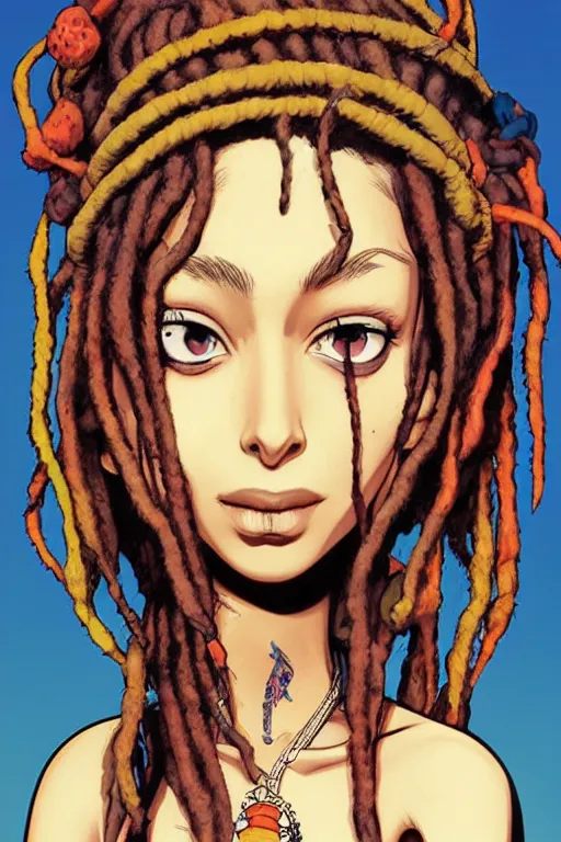 Prompt: hippie girl with dreads by jamie hewlett and artgerm, cel shading, toon shading, detailed,