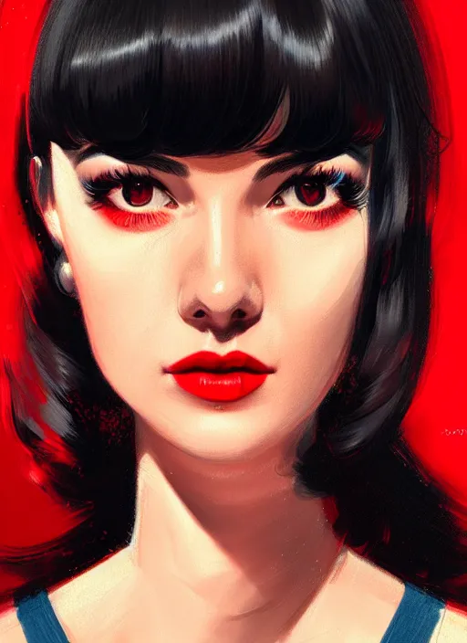 Image similar to portrait of veronica lodge with bangs, 1 9 6 0 s, long hair, red clothes, bangs, intricate, elegant, glowing lights, highly detailed, digital painting, artstation, concept art, smooth, sharp focus, illustration, art by wlop, mars ravelo and greg rutkowski