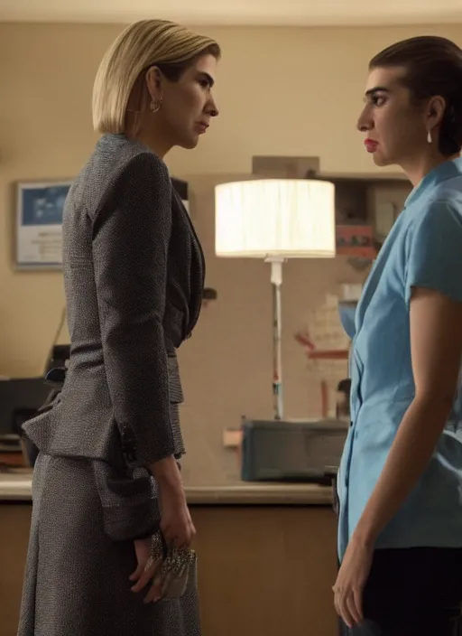 Prompt: a pov, film still of dua lipa as kim wexler speaking to saul goodman, cinematic lighting, from better call saul.