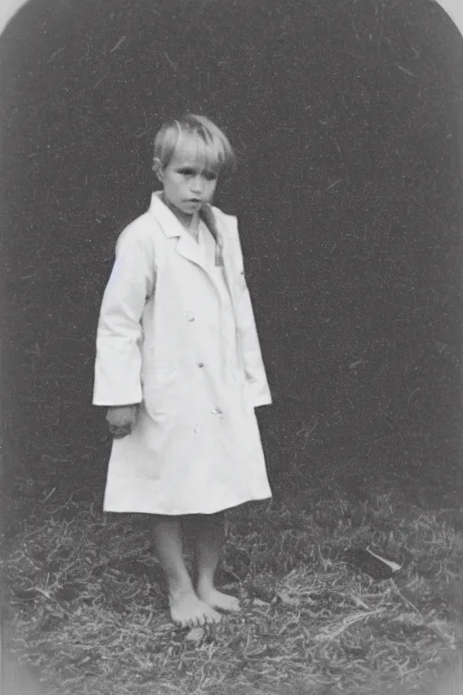 Image similar to photo polaroid of a sad and lonely child in a white coat and barefoot stands in the middle many big tents of field hospitals, pandemic, covid, loneliness, black and white ,photorealistic, 35mm film,