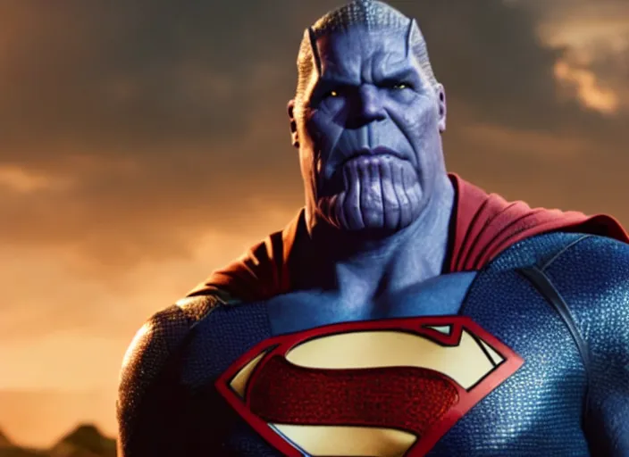 Image similar to film still of thanos as superman in the new superman movie, 4 k, highly detailed face, detailed eyes