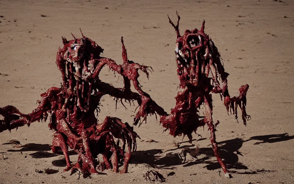 Image similar to in the desert a bloody gross horrifying The Thing creature made of muscle and bone and blood stares at the camera, eating, mid day, 35mm photography, realistic,