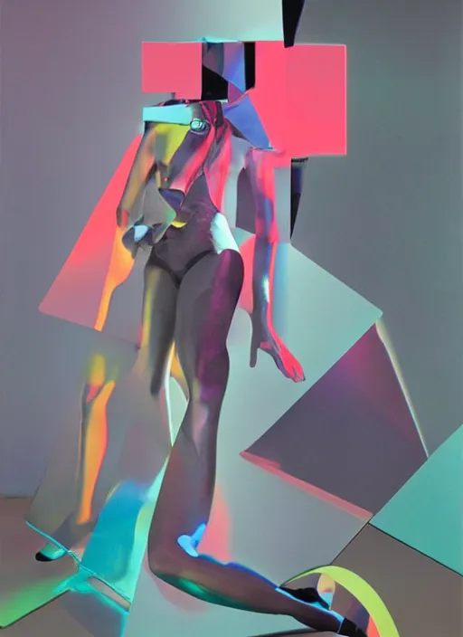 Image similar to futuristic lasers tracing, colorsmoke, laserpunk fullbodysuit, pyramid visor, raindrops, wet, oiled, beautiful cyborg girl pinup, by steven meisel, kaws, rolf armstrong, cubist perfect geometry abstract acrylic, hyperrealism photorealistic airbrush collage painting, monochrome, neon fluorescent colors, minimalist rule of thirds, eighties eros