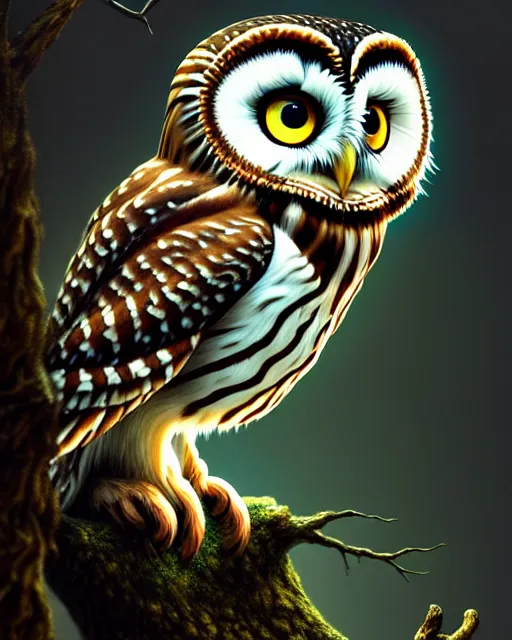 Prompt: an extremely detailed masterpiece painting of a northern saw - whet owl on a limb, in the style of brian froud, brian despain, brian bolland, digital art, unreal engine, volumetric lighting, dark moody lighting, trending on artstation, photorealistic, epic scene