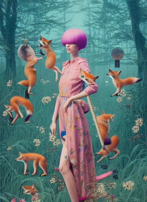 Image similar to pretty model with foxes : : by martine johanna and simon stalenhag and chie yoshii and casey weldon and wlop : : ornate, dynamic, particulate, rich colors, intricate, elegant, highly detailed, vogue, harper's bazaar art, fashion magazine, smooth, sharp focus, 8 k, octane render,