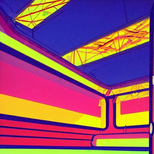 Image similar to Liminal space in outer space ((by Walt Disney slightly influenced by Carlos Cruz Diez)), Googie Kitsch aesthetic colorful isometric with neon lights !!!!!!!