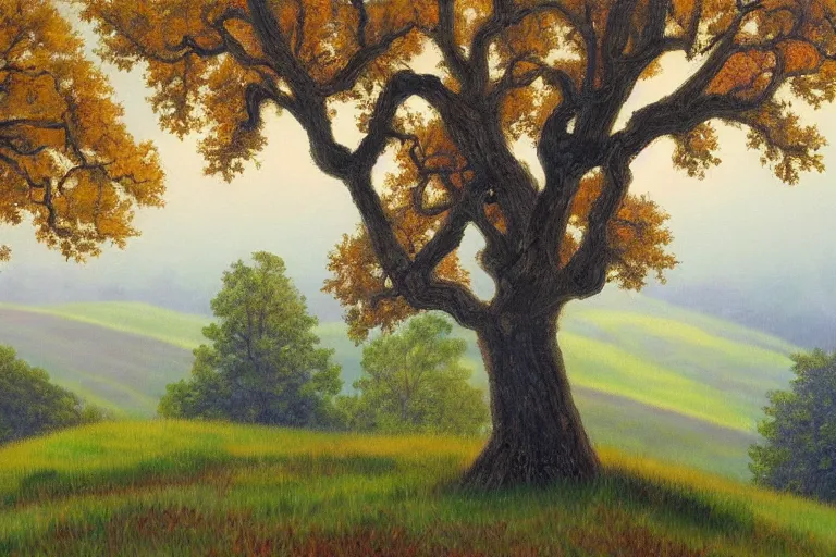 Image similar to masterpiece painting of oak trees on a hillside overlooking a foggy valley, by marion wachtel