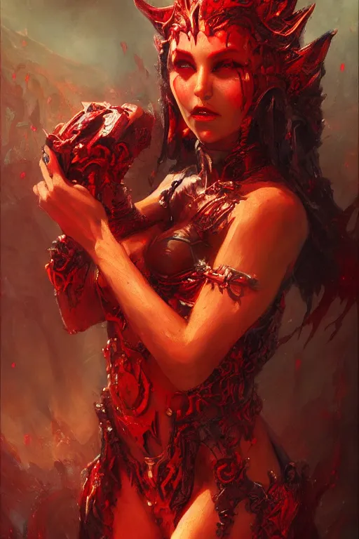 Image similar to very attractive demon queen with red eyes painting by gaston bussiere, craig mullins, luis rollo, torso portrait, digital painting, highly detailed, artstation, sharp focus, illustration, concept art, full hd