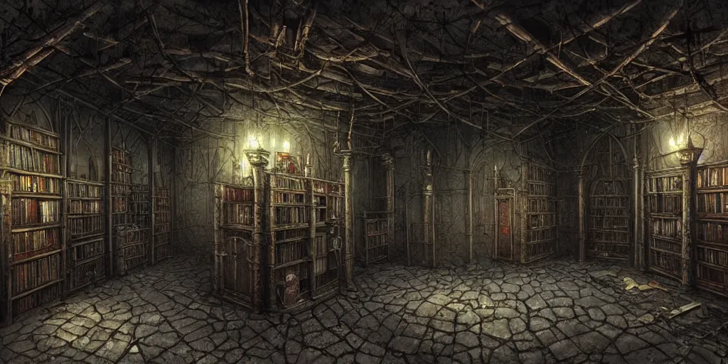 Prompt: dark sinister vampire lair interior by Lee Madgwick, library, adventure game, inspired by Diablo concept art