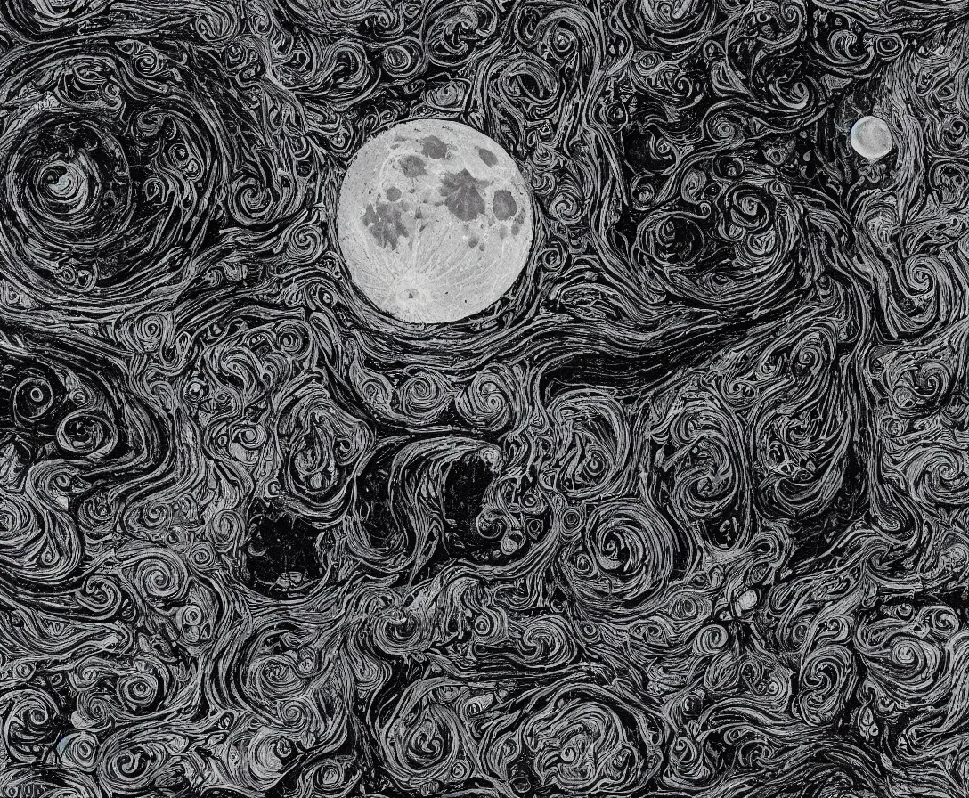Image similar to moon is being executed by feral charcoal shining friction malevolence, coherent, detailed, intricate, beautiful, 8 k resolution