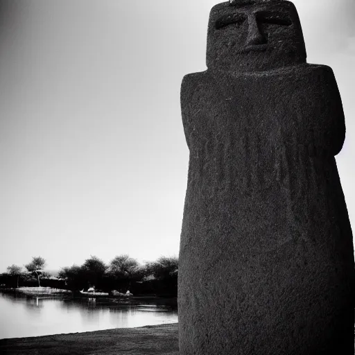 Image similar to black and white noir film with moai