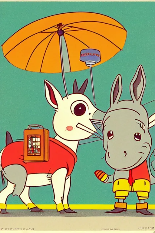 Image similar to by richard scarry. happy donkey. a 1 9 5 0 s retro illustration. studio ghibli. muted colors, detailed