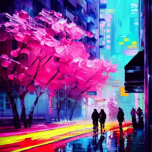 Image similar to impressionism and expressionism, bold colors, expressive brushstrokes. a painting of an art - deco city street with pink flowers, cyberpunk art by liam wong, cgsociety, panfuturism, cityscape, utopian art, anime aesthetic