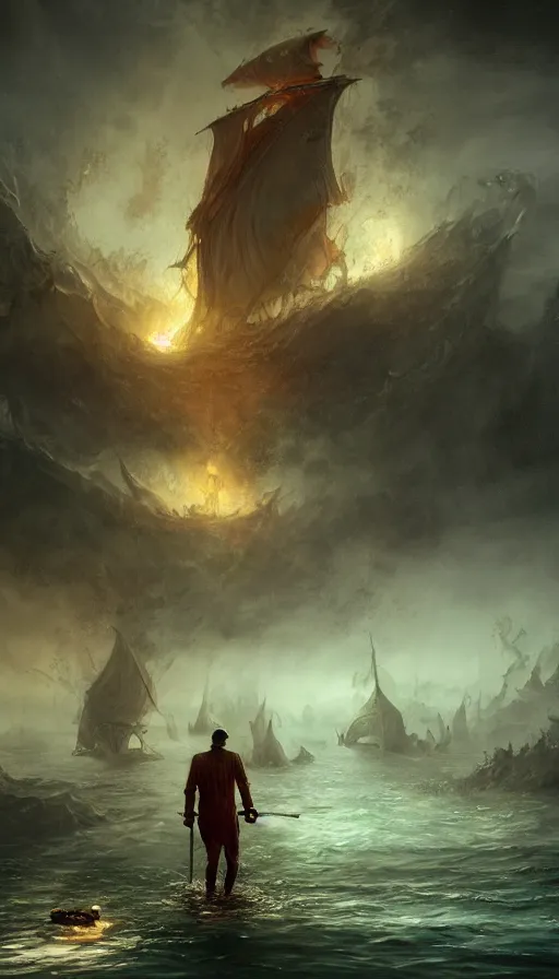 Prompt: man on boat crossing a body of water in hell with creatures in the water, sea of souls, by cgsociety