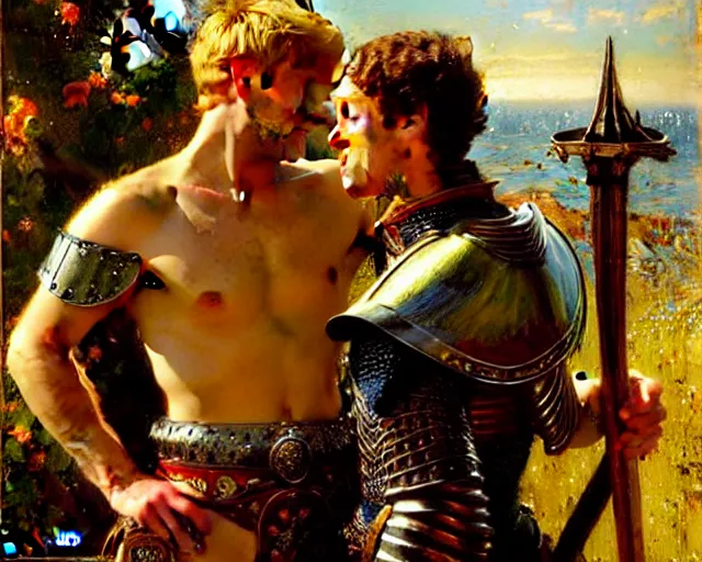 Image similar to arthur pendragon flirting wit his knight. the knight is also flirting back, highly detailed painting by gaston bussiere, craig mullins, j. c. leyendecker