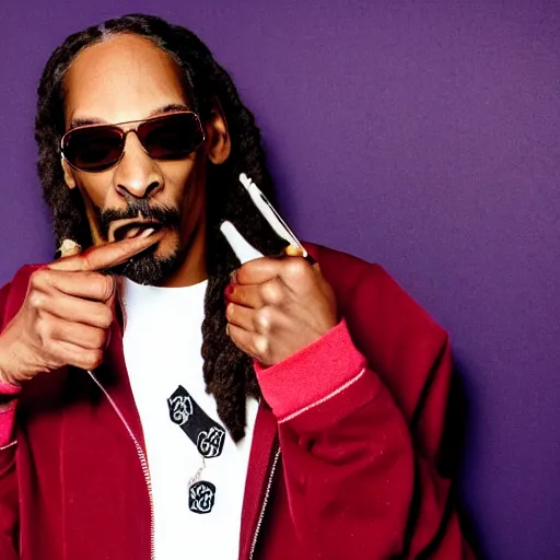 Image similar to Snoop Dog with big eyes eye color red , smiling and holding a joint in his hand