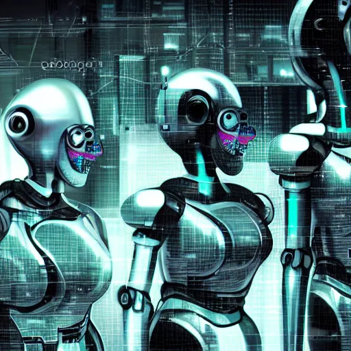Prompt: Robots laughing at humans trying to generate images, 4k, cyberpunk, grunge