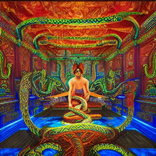 Image similar to person inside a temple made of serpents. Hyperdetailed photorealism, 108 megapixels, amazing depth, glowing rich colors, powerful imagery, psychedelic Overtones