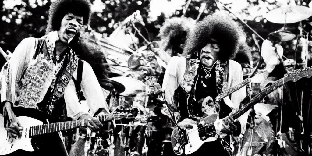 Image similar to Jimmy Hendrix live at Woodstock 1969, grainy photo