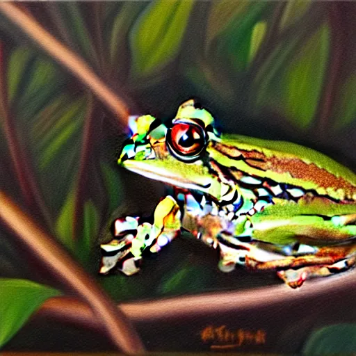 Image similar to beautiful oil painting of a common frog on a tree, sunlight, award - winning, matte,