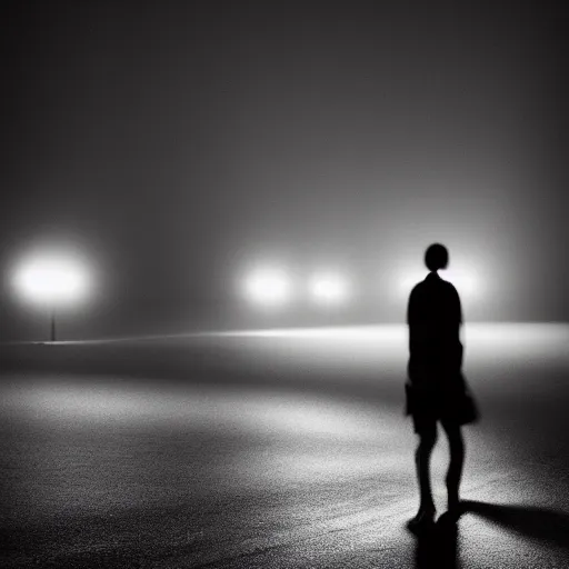 Image similar to an abstract photograph of a lonely male shadowy figure, there is a dark street with lanterns reflected on the ground, underwater, motion blur, 35 mm, black-and-white