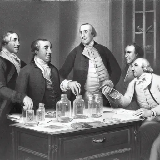 Image similar to a group of Ben Franklins boasting to each other in a laboratory