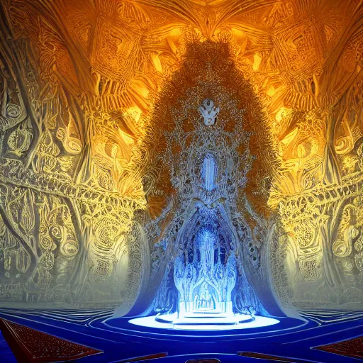 Prompt: a beautiful octane render of a massive sprawling fractal cathedral interior populated by mandelbrot fractals, unreal engine, carved ivory, white, volumetric lighting, hyperrealistic, sharp, glowing, carved marble, photograph, opalescent, carved soap, neon, sacred geometry, religious, angelic, catholicpunk, photorealism, 8 k, ultra detailed