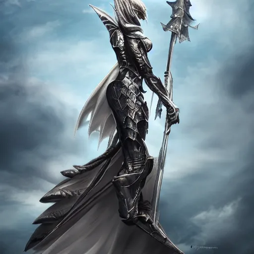 Image similar to highly detailed realistic stunning shot of a beautiful elegant anthropomorphic female dragon knightess doing a majestic pose, armor made of steel, sharp claws and tail, cloak flittering in the wind, high quality, HD octane render, epic cinematography, Artstation, Deviantart, Furaffinity