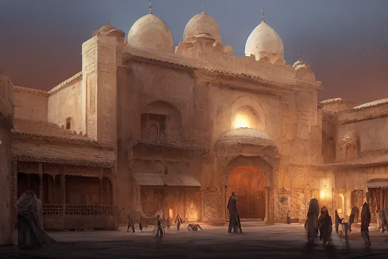 Image similar to Huge Persian white temple in a plaza, round roof. At night low angle in the middle of a adobe house kasbah town, mud and brick houses, merchant street, pueblo dense architecture, colorful crowd. Scenic view at night, underexposed, clean horizon, matte painting by craig mullins and dan mumford, dark fantasy, style of game of thrones, concept art trending on artstation, 4k, insane details