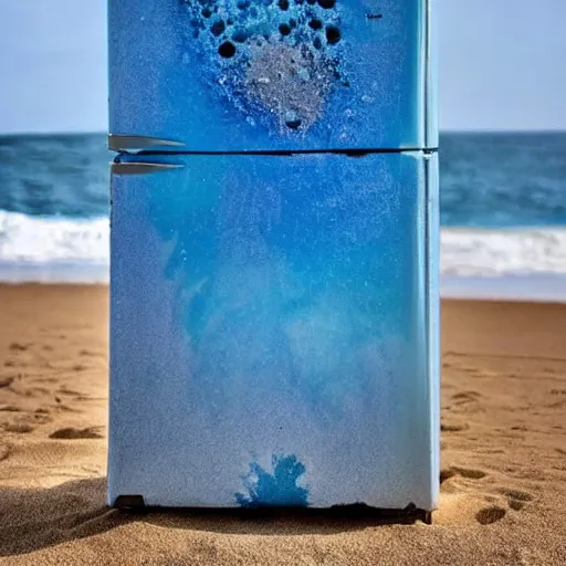 Image similar to refrigerator made of blue sand on the beach with a nebula inside