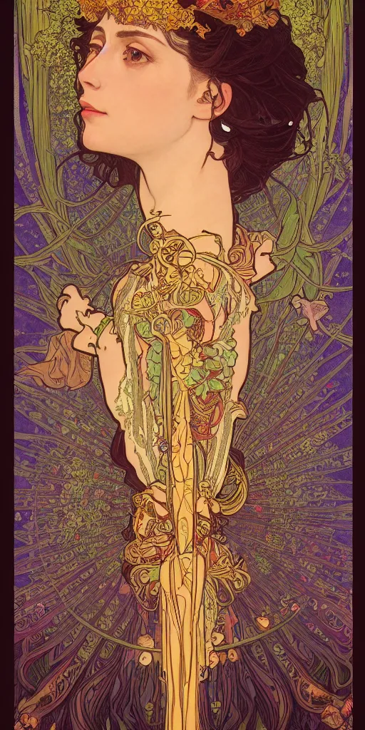 Image similar to a portrait of a beautiful female godess of spring, tarot card style, by Mohrbacher and Moebius and Alphonse Mucha and Roger Deakins, cinematic lighting, masterpiece, highly detailed, 8k resolution, trending on art station