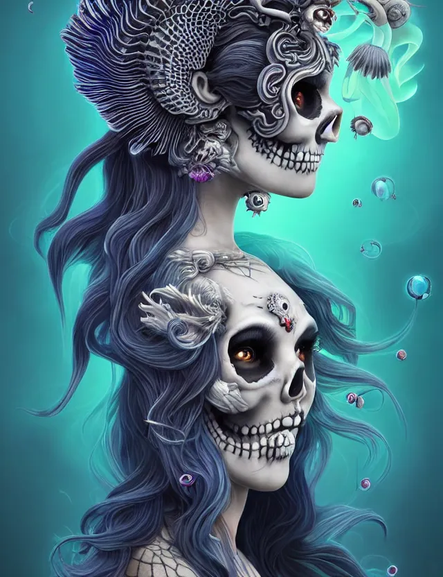 Image similar to 3 d goddess skull half - turn portrait with long hair with ram skull. beautiful intricately detailed japanese crow kitsune mask and clasical japanese kimono. betta fish, jellyfish phoenix, bio luminescent, plasma, ice, water, wind, creature, artwork by tooth wu and wlop and beeple and greg rutkowski