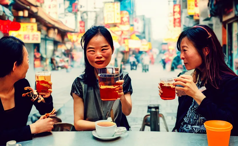 Image similar to cinestill 5 0 d candid photographic portrait by helen levitt of two android women sharing a drink at a cafe in cyberpunk china, extreme closeup, modern cyberpunk, dust storm, 8 k, hd, high resolution, 3 5 mm, f / 3 2, ultra realistic faces, intricate detail, ex machina