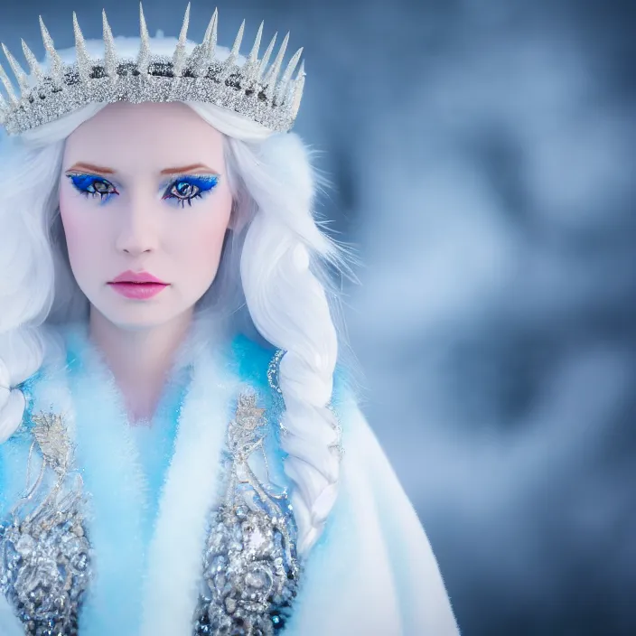 Prompt: professional photograph of a real - life ice queen with ornate robes. extremely detailed. dslr. 2 0 0 mm 8 k